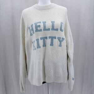 Hello Kitty White Fluffy Sweater Small Sanrio Embroidered Logo Cute Soft Cozy
